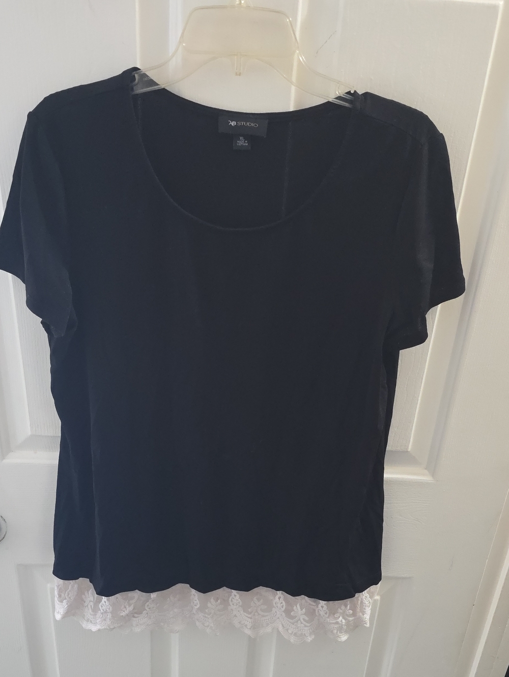 AB Studio Black Short Sleeve Tee with White Lace Trim